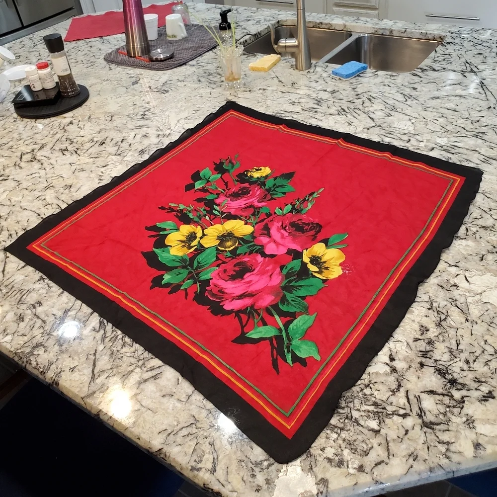 Spanish Flair Red Black Pink Yellow Floral Square Scarf 33